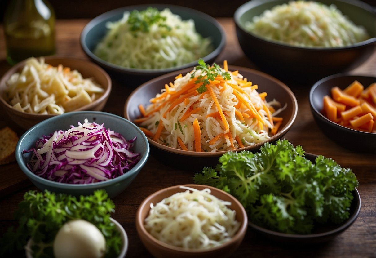 A colorful array of coleslaw varieties, surrounded by vibrant summer BBQ side dishes