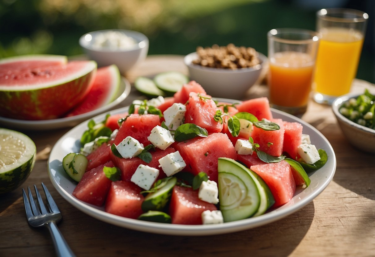 A colorful bowl of watermelon feta salad surrounded by other vibrant summer BBQ side dishes on a picnic table