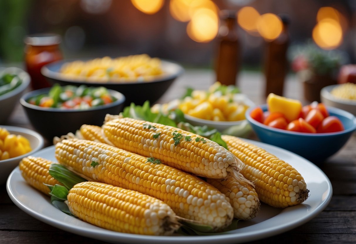 Grilled corn on the cob surrounded by colorful summer BBQ side dishes