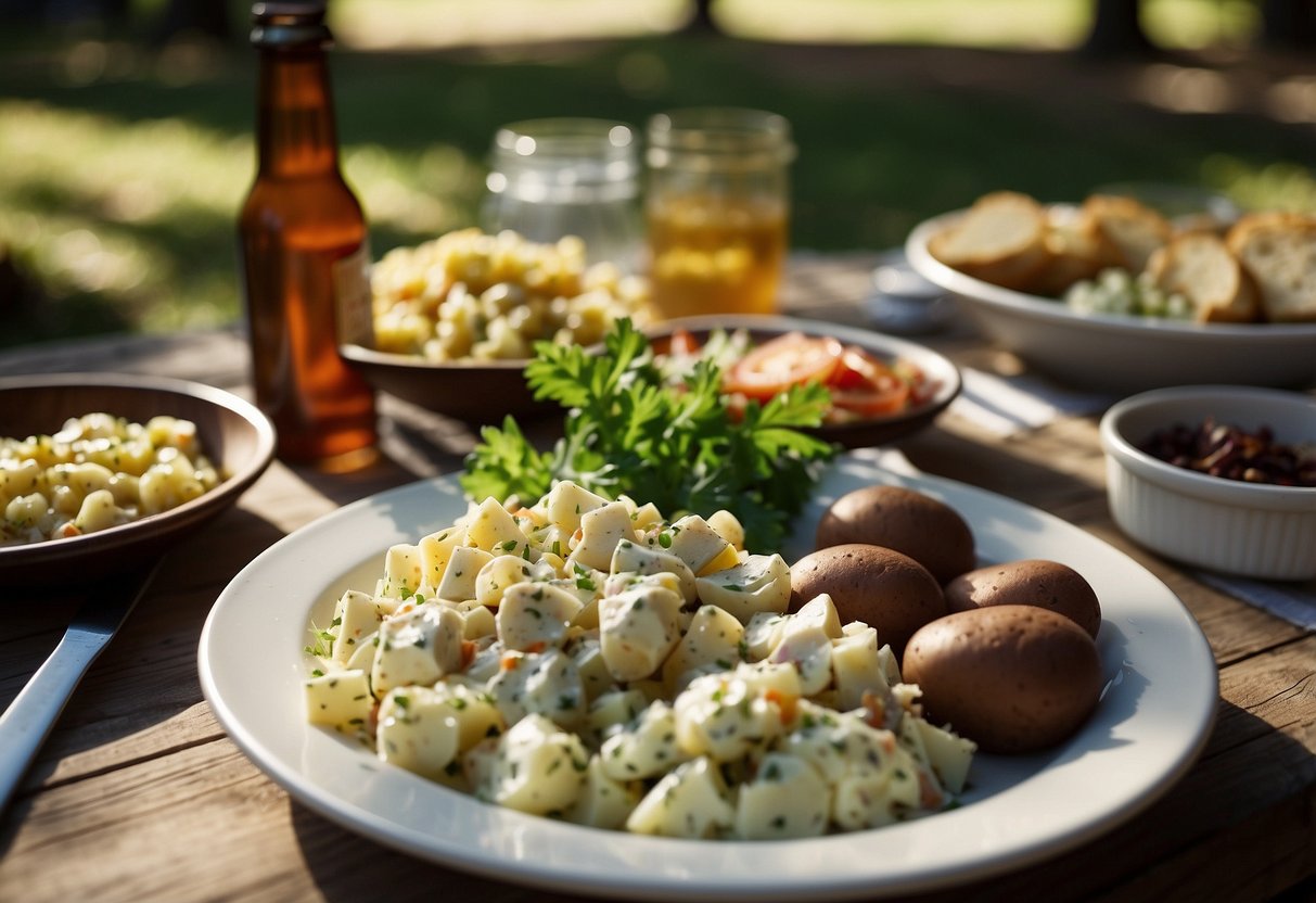 A picnic table adorned with classic potato salad and other summer BBQ side dishes. Sunlight filters through the trees, creating dappled shadows on the food