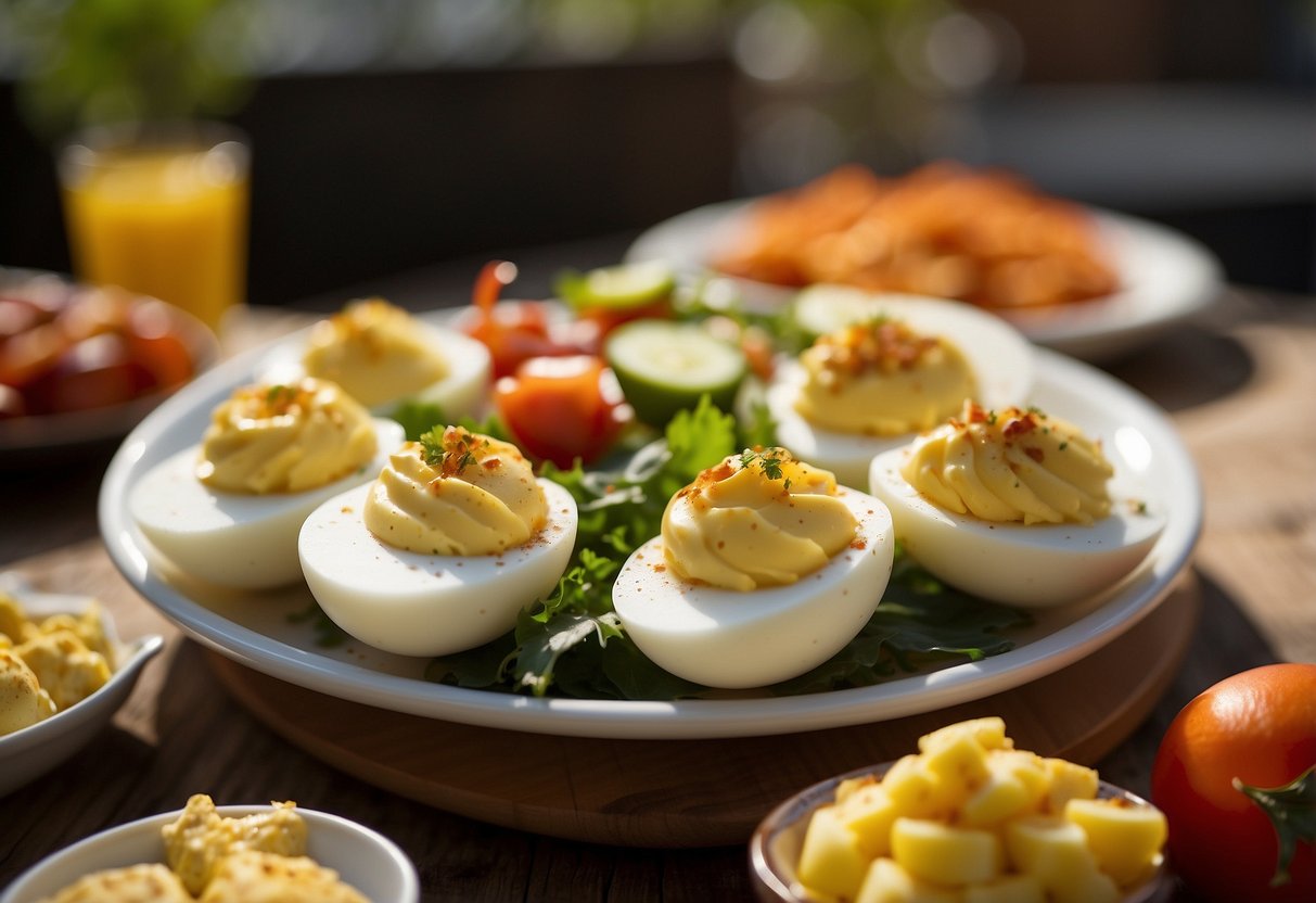 A platter of deviled eggs surrounded by colorful summer BBQ side dishes