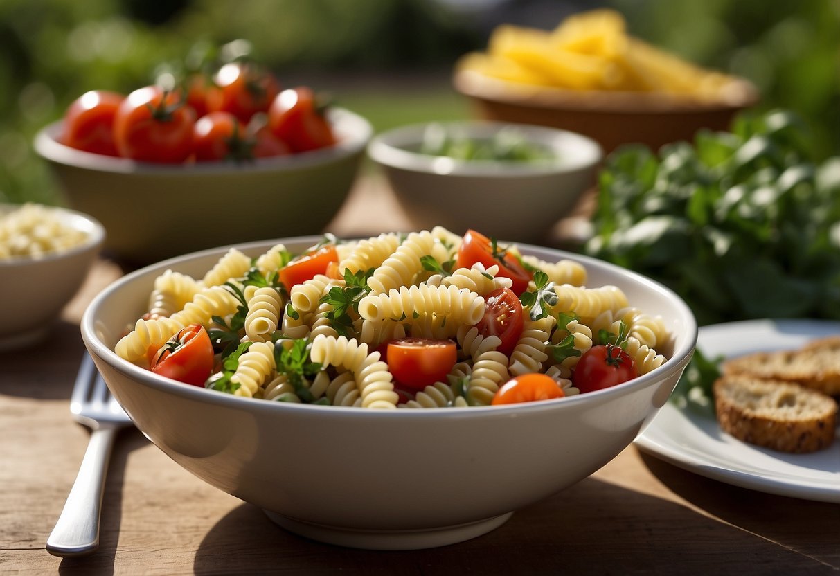 A colorful bowl of pasta salad surrounded by fresh vegetables and herbs, set on a picnic table with other BBQ side dishes