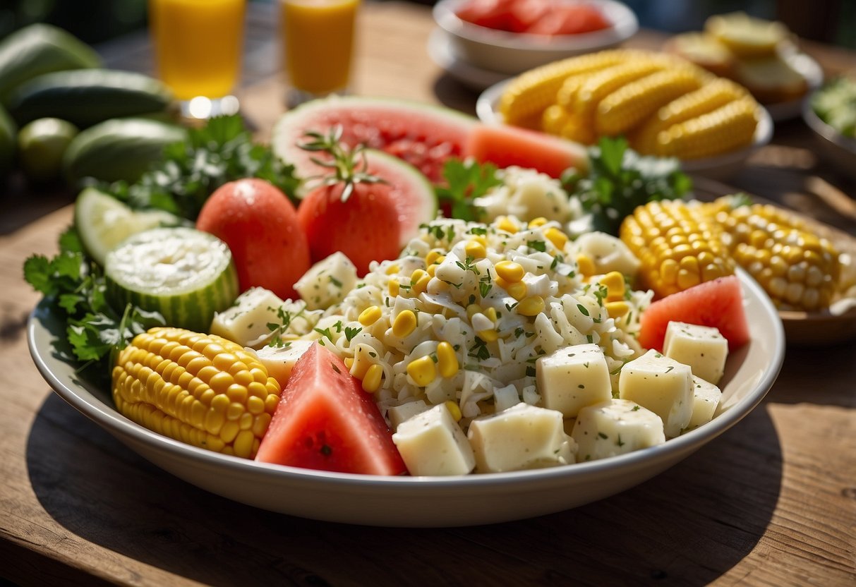 A table filled with 10 colorful summer BBQ side dishes, including coleslaw, potato salad, corn on the cob, watermelon slices, and grilled vegetables