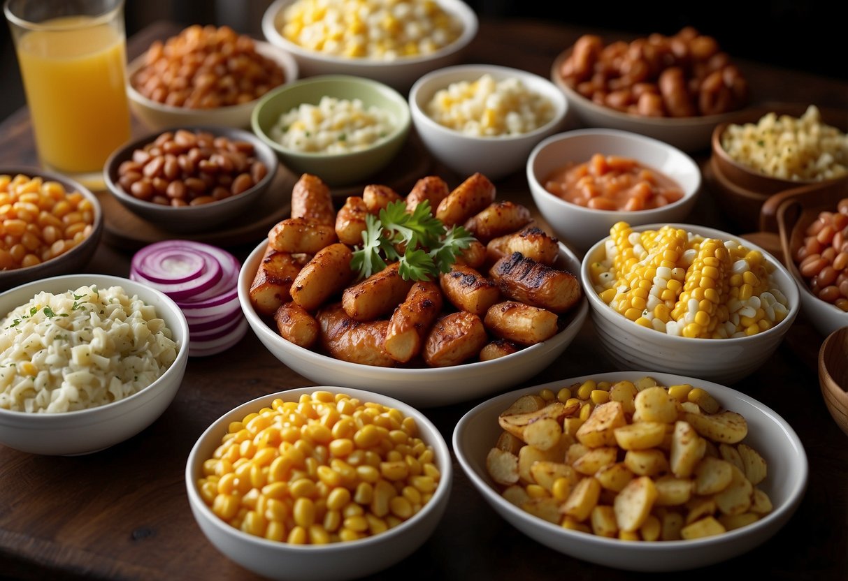 A colorful bowl of macaroni salad surrounded by grilled vegetables and other summer BBQ side dishes