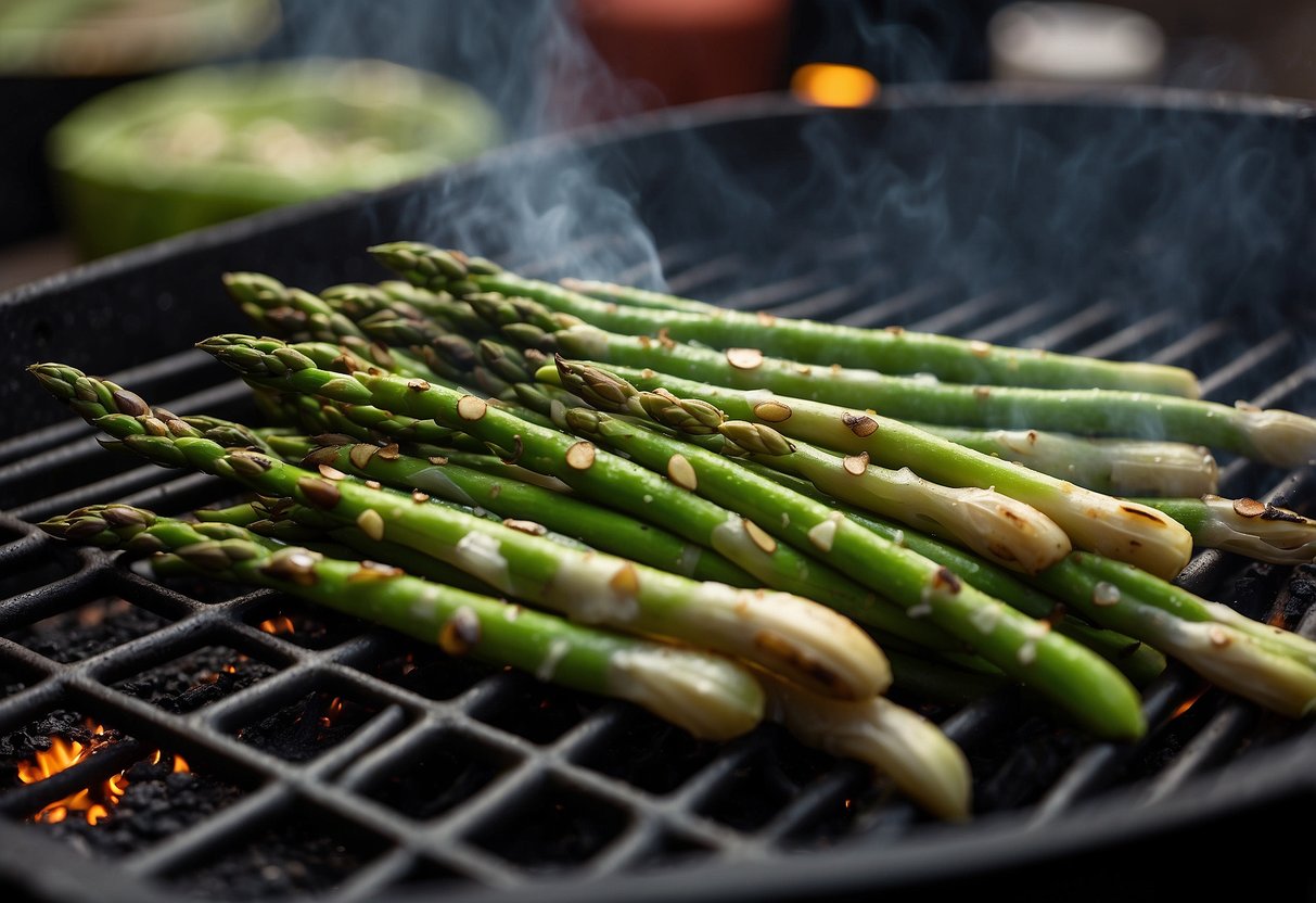 Fresh asparagus spears sizzling on a hot grill, charred grill marks and a sprinkle of seasoning