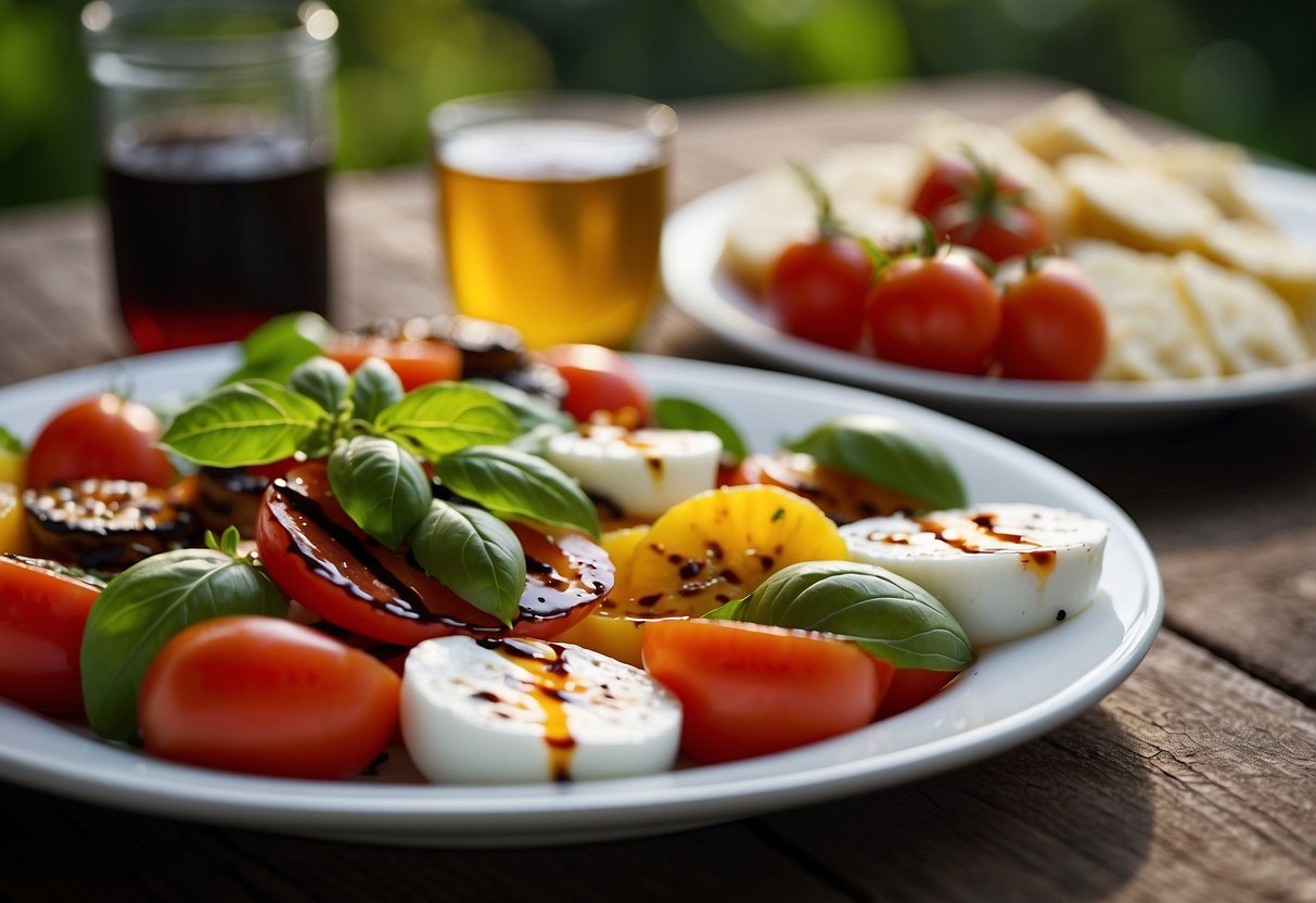 A platter of vibrant Caprese salad with ripe tomatoes, fresh mozzarella, and basil leaves, drizzled with balsamic glaze, surrounded by other colorful summer BBQ side dishes