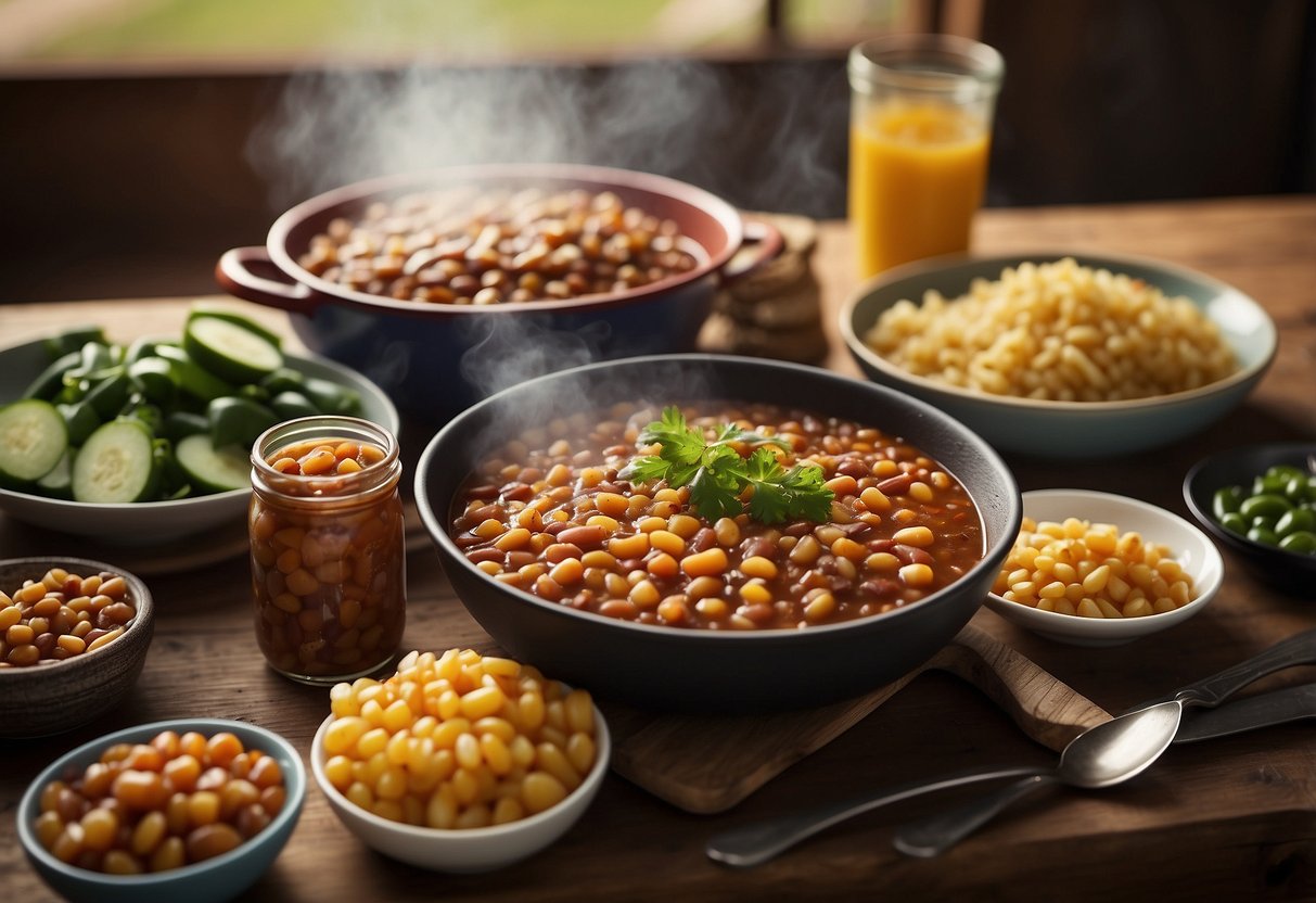 A table spread with 10 summer BBQ side dishes, including a steaming pot of baked beans, surrounded by colorful plates and utensils