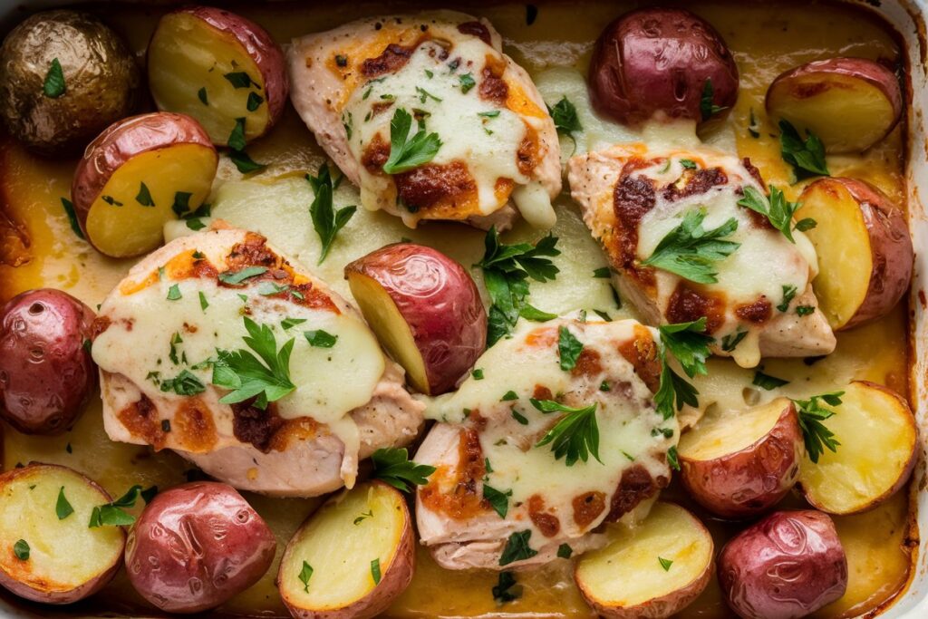 A photo of garlic parmesan chicken and potatoes. There are tender chicken chunks and golden-brown roasted red potatoes smothered in a rich and creamy garlic parmesan sauce. The dish is garnished with fresh parsley for a pop of color and flavor. Melted cheese is generously layered on top, creating a mouthwatering, gooey finish.