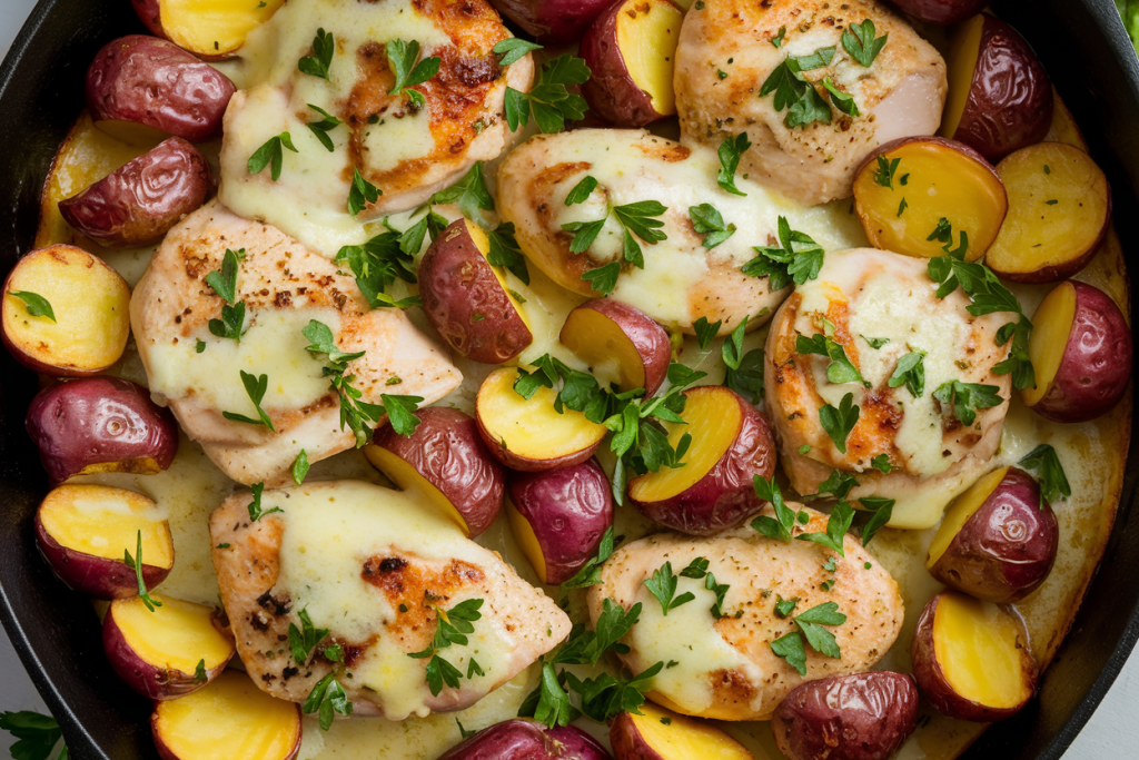 A photo of garlic parmesan chicken and potatoes. There are tender chicken chunks and golden-brown roasted red potatoes smothered in a rich and creamy garlic parmesan sauce. The dish is garnished with fresh parsley for a pop of color and flavor. Melted cheese is generously layered on top, creating a mouthwatering, gooey finish.