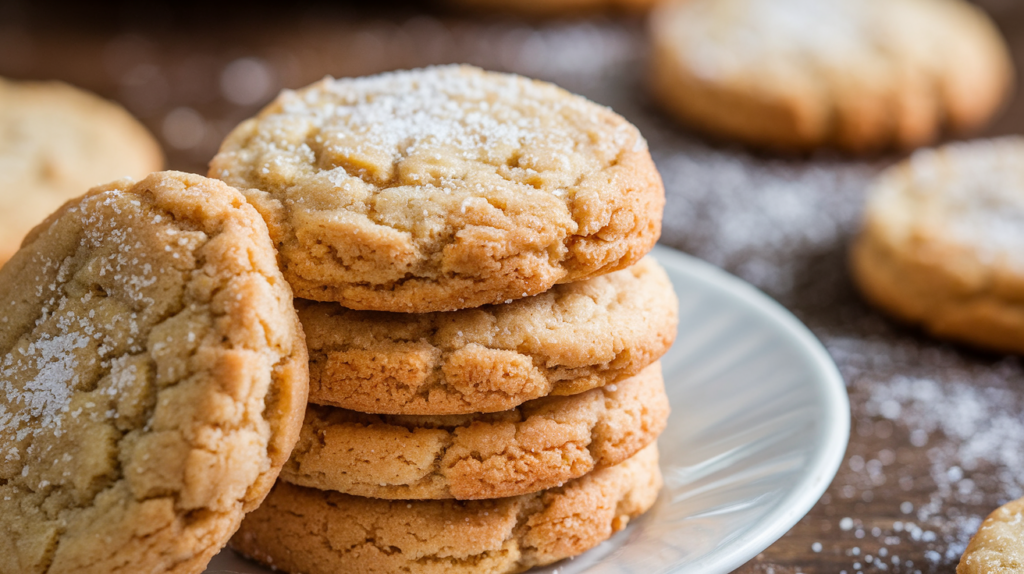 A close-up photo of a stack of sugar cookies. The cookies have a light brown crust with a sprinkle of sugar on top. They are placed on a white plate. The background is a wooden surface with a few more cookies and a dusting of sugar. The lighting is soft.