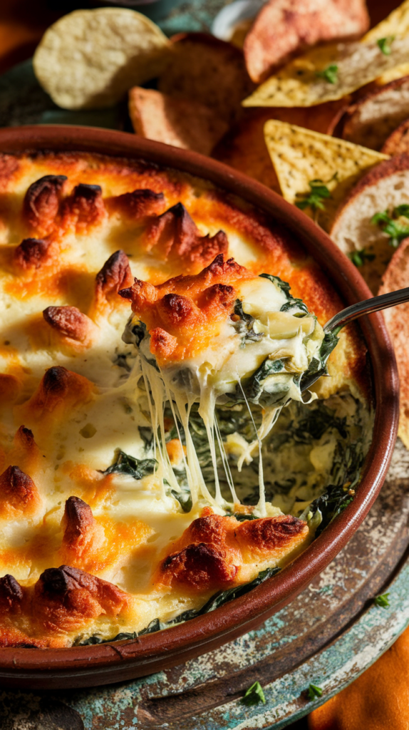 A close-up shot of a bubbling hot spinach and artichoke dip in a rustic ceramic baking dish. The dip has a golden-brown, slightly crusty top with visible strands of melted mozzarella cheese stretching as a portion is being scooped up. Rich green specks of spinach and chunks of artichoke hearts are visible throughout the creamy white base. The surface is uneven with small peaks and valleys, showing the textural contrast between the crispy top and creamy interior. Several toasted baguette slices and tri-colored tortilla chips are artfully arranged around one side of the dish. The dish is positioned on a weathered wooden board with a small bowl of extra chips and some scattered fresh herbs for garnish. Warm, directional lighting from the upper left creates appetizing shadows and highlights the melted cheese. A light dusting of cracked black pepper and grated Parmesan is visible on top.