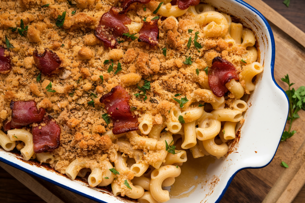 A photo of a baking dish filled with crispy bacon mac and cheese. The cavatappi is coated in a gooey cheese sauce, with crispy bacon pieces scattered throughout. There's a breadcrumb topping that has browned to a golden colour. The bowl is placed on a wooden board, and there's a sprinkle of chopped parsley for garnish.