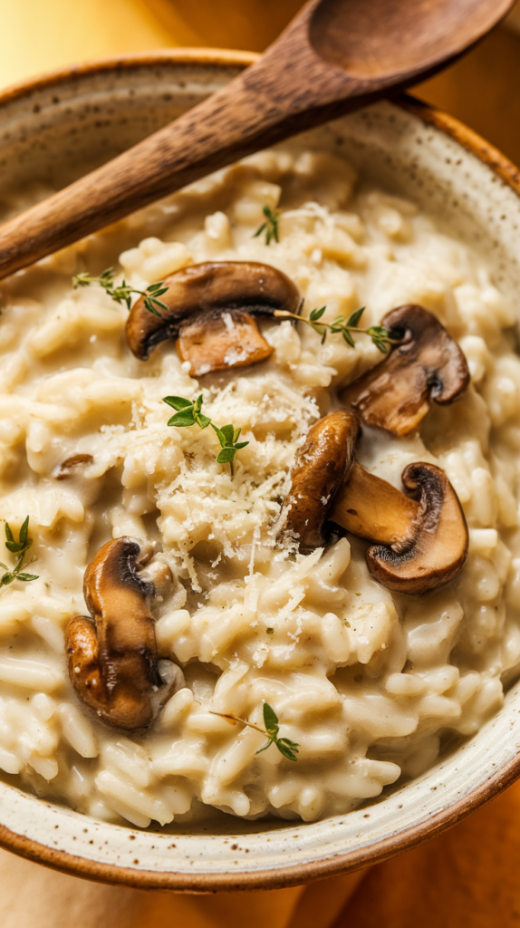 A photo of a bowl of creamy mushroom risotto. The Arborio rice has a velvety sheen and is cooked to a tender, slightly al dente texture. Golden-brown sautéed mushrooms are scattered throughout the risotto, contrasting with the pale, creamy rice. Fresh green thyme leaves are sprinkled on top, adding color and hinting at the dish's aromatic flavors. A dusting of freshly grated Parmesan cheese melts slightly on top, creating pockets of indulgence. The risotto is served in a rustic ceramic bowl, with its edges visible, adding to the homey feel of the dish. A wooden spoon rests partially in the bowl, inviting viewers to enjoy the meal. The background suggests a warm, cozy kitchen setting, with soft, warm lighting enhancing the comforting appeal of this classic Italian dish.