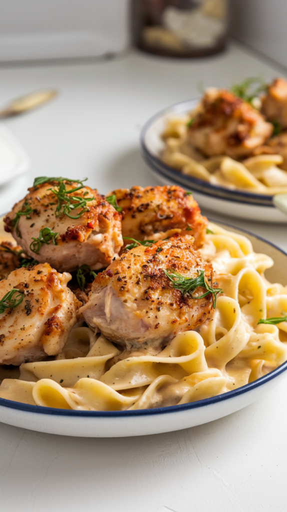 A photo of a plate with Garlic Butter Chicken Bites and Creamy Parmesan Pasta. The chicken is cooked and has a good crisp. The pasta is fettuccine. The lighting is bright and the setting is a white kitchen.