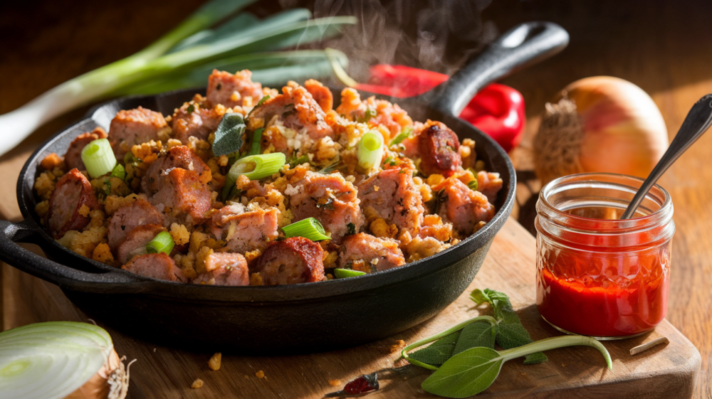 A rustic, steaming skillet filled with golden-brown pork sausage stuffing. The stuffing is dotted with vibrant green onions and flecks of sage, with visible breadcrumbs adding texture. A small, clear glass jar of bright red homemade pepper sauce sits nearby, with a spoon resting in it. The skillet is placed on a wooden cutting board, surrounded by fresh ingredients: whole green onions, a halved onion, and a few bright red hot peppers. The scene is lit warmly, emphasizing the comforting, homemade nature of the dish while hinting at its spicy kick.