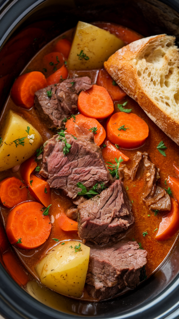 A photo of a slow cooker beef stew. There are chunks of beef, carrots, and potatoes in a thick, red broth. The beef is tender and the vegetables are cooked through. The stew is served with a side of crusty bread. The background is a wooden surface.