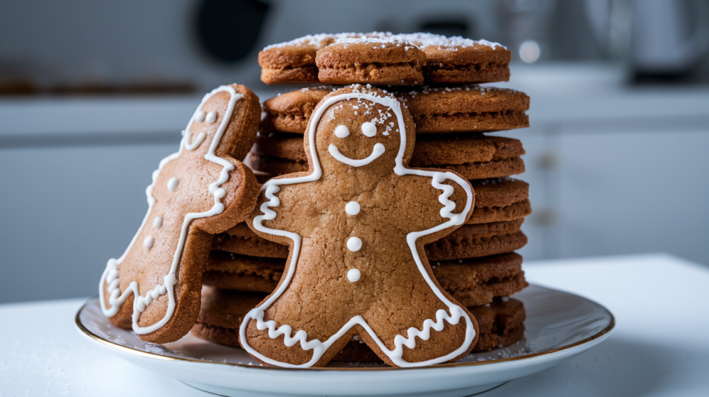 A photo of a stack of gingerbread man cookies. The cookies have a brown crust and a sprinkle of sugar on top. They are placed on a white plate. The background is a white kitchen. The lighting is bright.