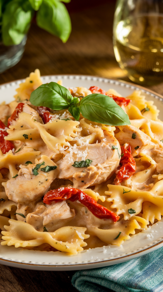 A photo of a steaming plate of creamy Chicken Milano pasta. The dish features golden bow-tie pasta tossed with juicy chicken pieces and vibrant red sun-dried tomatoes. The pasta is generously coated in a luscious, pale cream-colored sauce flecked with bits of green basil. Freshly grated Parmesan cheese is sprinkled over the top, partially melting into the warm pasta. The plate is garnished with a sprig of fresh basil and sits on a rustic wooden table. A glass of white wine is visible in the background. The lighting is warm and inviting, highlighting the textures of the pasta and the richness of the sauce.