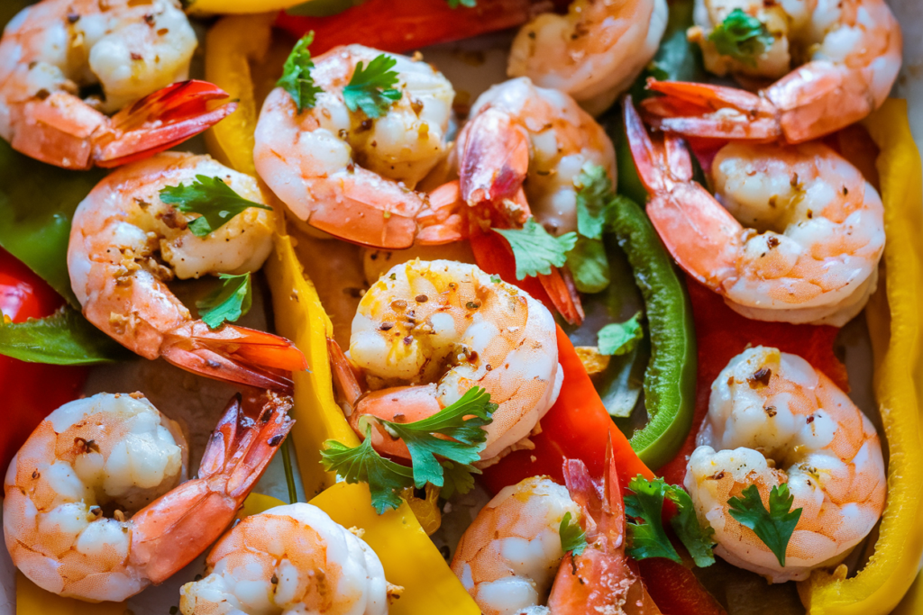 This image shows a vibrant and appetizing dish of shrimp cooked with bell peppers. The shrimp appear to be seasoned and sautéed, with a slight glaze that suggests a flavorful sauce, possibly garlic butter or a spiced seasoning blend. The bell peppers are sliced and include a mix of colors—red, yellow, and green—providing a visually appealing contrast. The dish is garnished with fresh herbs, likely parsley or cilantro, for added color and freshness.