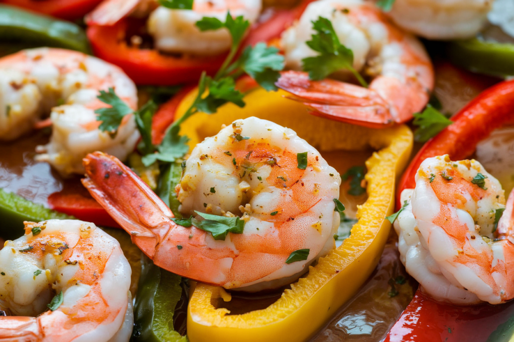 This image shows a vibrant and appetizing dish of shrimp cooked with bell peppers. The shrimp appear to be seasoned and sautéed, with a slight glaze that suggests a flavorful sauce, possibly garlic butter or a spiced seasoning blend. The bell peppers are sliced and include a mix of colors—red, yellow, and green—providing a visually appealing contrast. The dish is garnished with fresh herbs, likely parsley or cilantro, for added color and freshness.