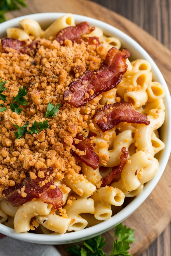 A photo of a baking dish filled with crispy bacon mac and cheese. The cavatappi is coated in a gooey cheese sauce, with crispy bacon pieces scattered throughout. There's a breadcrumb topping that has browned to a golden colour. The bowl is placed on a wooden board, and there's a sprinkle of chopped parsley for garnish.