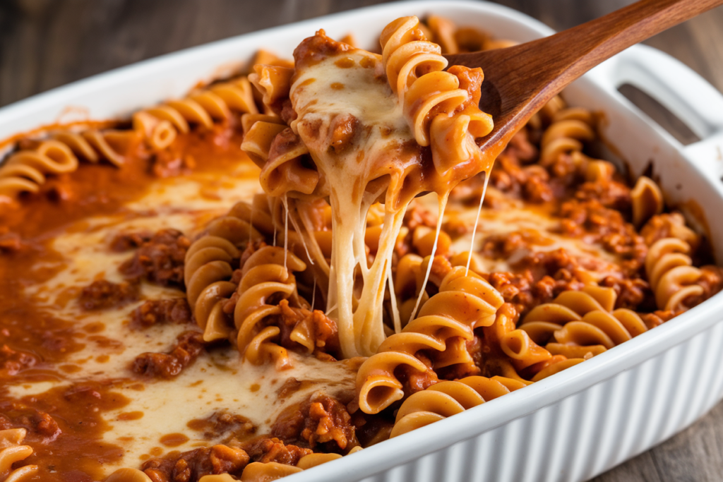 A photo of a white casserole dish filled with rotini pasta coated in a rich, creamy orange-red enchilada sauce. The sauce is velvety and slightly glossy, with visible ground meat (beef or turkey) evenly distributed throughout. A wooden spoon is lifting a portion of the pasta, creating an irresistible "cheese pull." The melted cheese stretches dramatically from the spoon to the dish, emphasizing its gooey, indulgent texture.