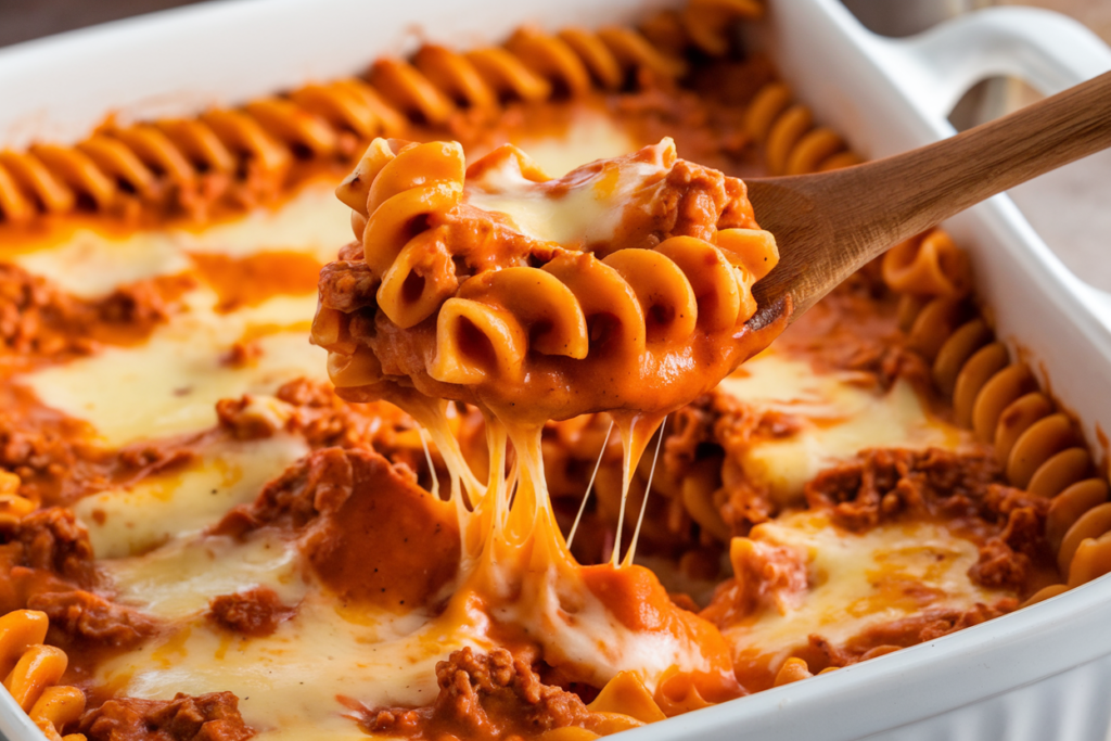 A photo of a white casserole dish filled with rotini pasta coated in a rich, creamy orange-red enchilada sauce. The sauce is velvety and slightly glossy, with visible ground meat (beef or turkey) evenly distributed throughout. A wooden spoon is lifting a portion of the pasta, creating an irresistible "cheese pull." The melted cheese stretches dramatically from the spoon to the dish, emphasizing its gooey, indulgent texture.