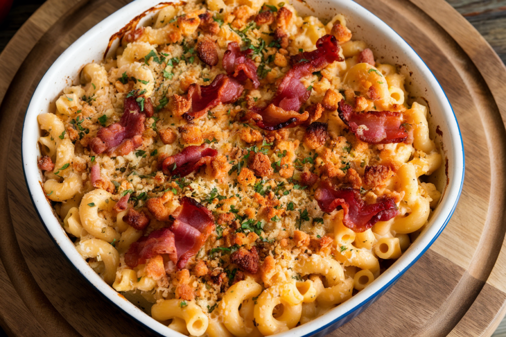 A photo of a baking dish filled with crispy bacon mac and cheese. The cavatappi is coated in a gooey cheese sauce, with crispy bacon pieces scattered throughout. There's a breadcrumb topping that has browned to a golden colour. The bowl is placed on a wooden board, and there's a sprinkle of chopped parsley for garnish.