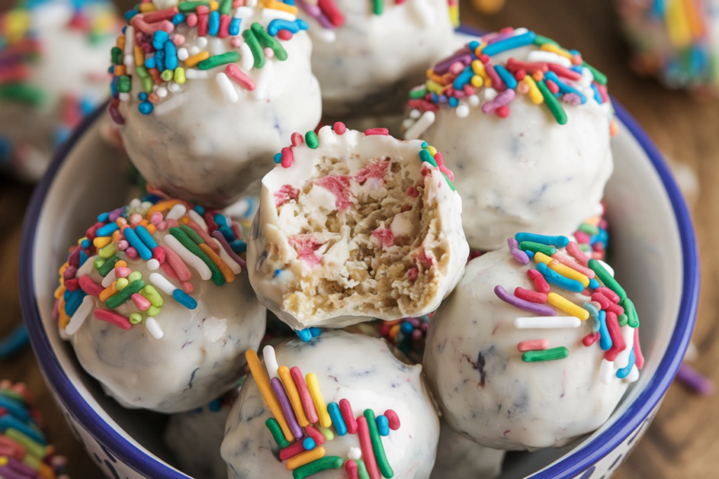 A photo of birthday cake flavored protein balls. There are several protein balls in a bowl. They are white with rainbow sprinkles on top. There is a bite taken out of one of the protein balls. The background is a wooden surface.