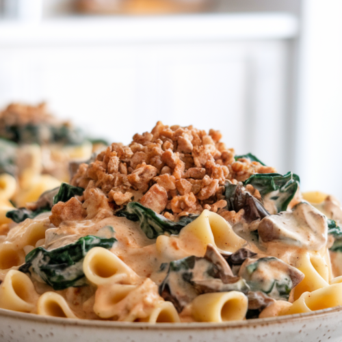 Creamy High-Protein Italian Pasta with Spinach and Mushrooms