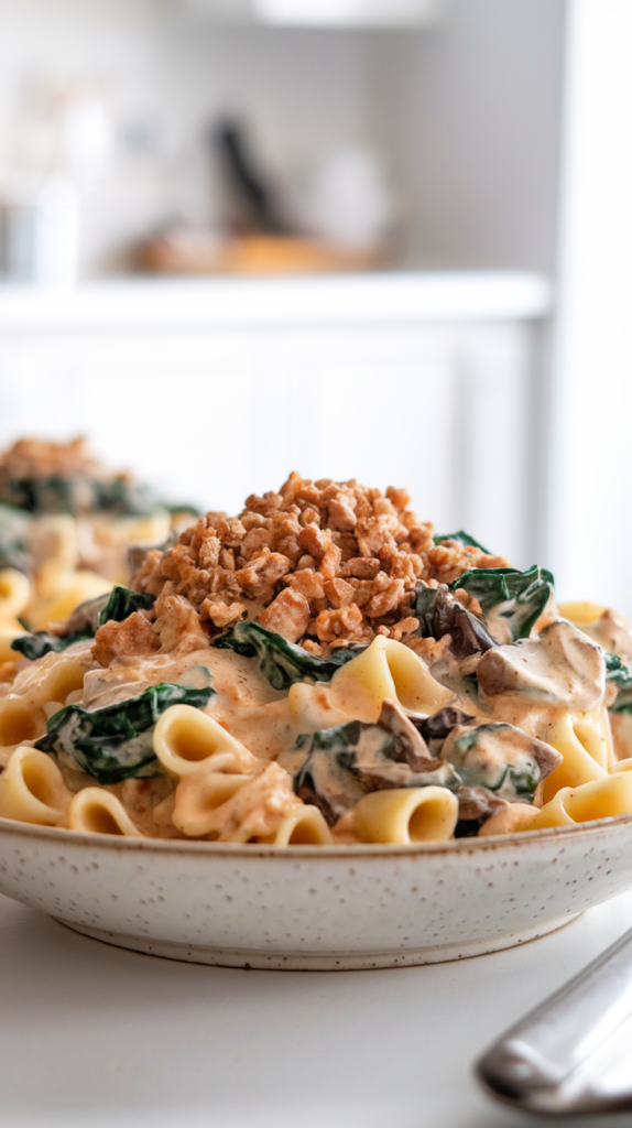 A photo of creamy high-protein Italian pasta with spinach and mushrooms. The pasta is served in a white bowl on a wooden board. The bowl contains a mix of pasta, spinach, mushrooms, and a creamy sauce. The sauce contains turkey crumble. The background is a bright white kitchen. The food looks realistic and yummy.