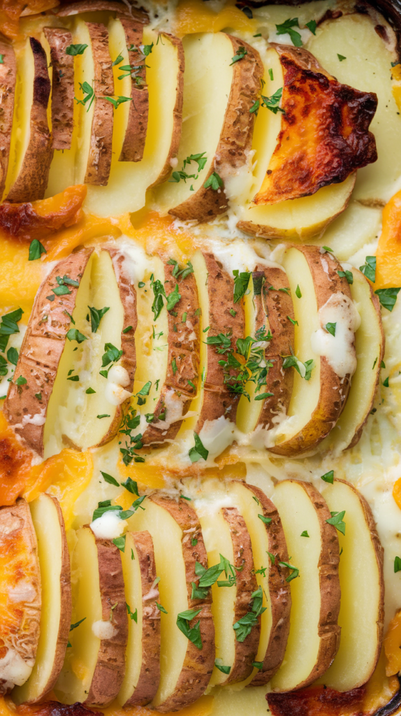 A photo of creamy scalloped potatoes with a golden brown top. The potatoes are sliced thinly and layered with cheese and cream in a baking dish. The dish is baked until the top is crispy and the potatoes are tender. The dish is served with a sprinkle of chopped parsley.