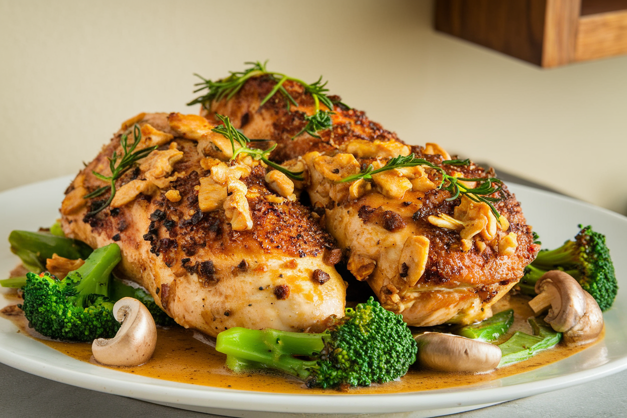 A photo of garlic butter chicken with a golden-brown texture. The chicken is covered in a rich, creamy garlic butter sauce. There are also green vegetables, such as broccoli and mushrooms, cooked in the same sauce. The dish is served on a white plate. The background is simple, with a beige wall and a wooden shelf.