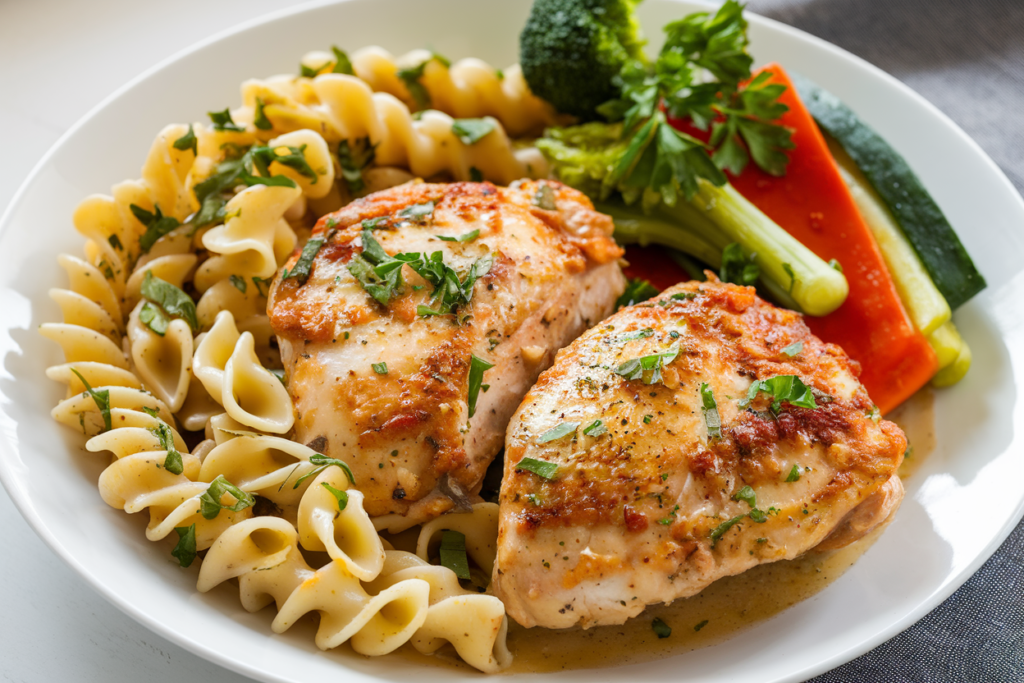 A photo of garlic butter chicken with a side of pasta and vegetables. The chicken is golden brown, and it is cooked with a garlic butter sauce. The pasta is cooked al dente and is coated in the garlic butter sauce. The vegetables are steamed and are placed on the side of the dish. The overall dish is placed on a white plate and is garnished with fresh parsley. The background is simple and clean.