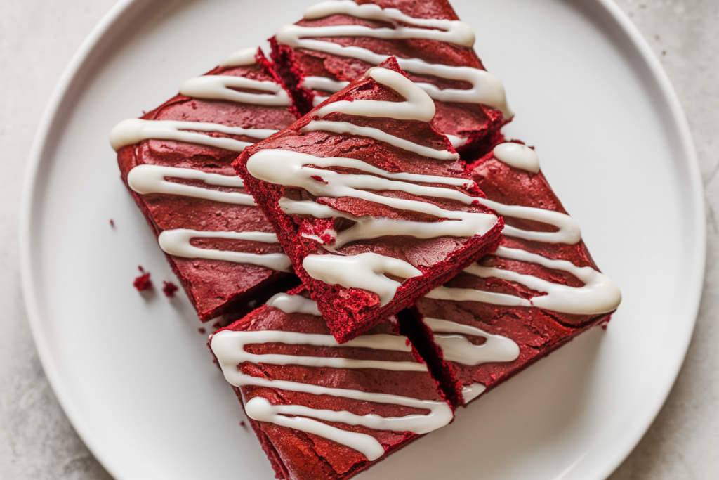 A photo of a white plate with red velvet fudgy brownies. The brownies have a vibrant red color and are a dense and moist texture. They are drizzled with white icing for a visually appealing contrast and an added touch of sweetness.