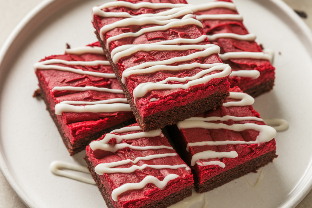 A photo of a white plate with red velvet fudgy brownies. The brownies have a vibrant red color and are a dense and moist texture. They are drizzled with white icing for a visually appealing contrast and an added touch of sweetness.