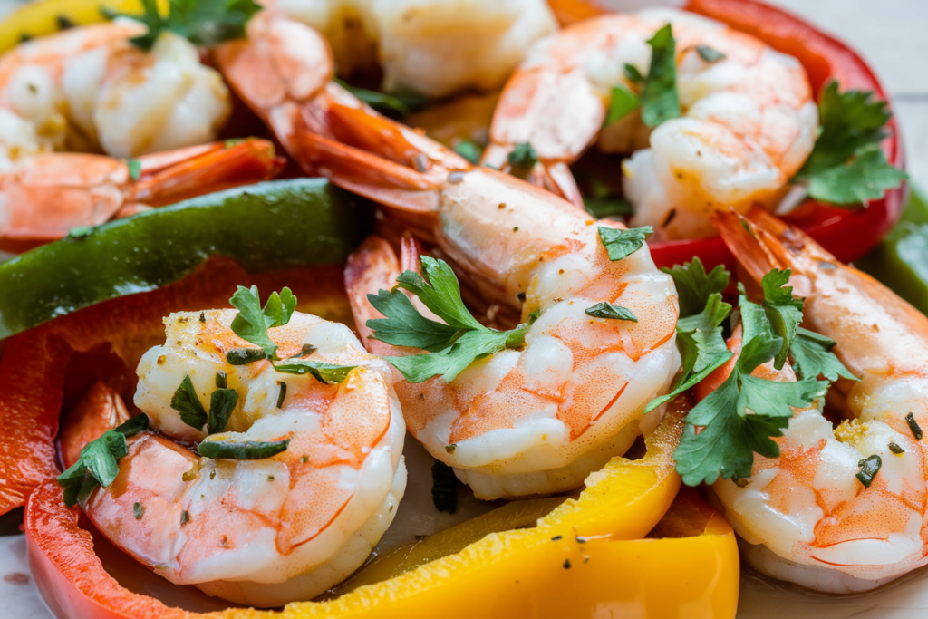 This image shows a vibrant and appetizing dish of shrimp cooked with bell peppers. The shrimp appear to be seasoned and sautéed, with a slight glaze that suggests a flavorful sauce, possibly garlic butter or a spiced seasoning blend. The bell peppers are sliced and include a mix of colors—red, yellow, and green—providing a visually appealing contrast. The dish is garnished with fresh herbs, likely parsley or cilantro, for added color and freshness.