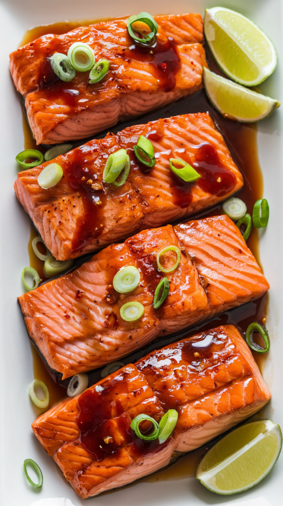 A photo of a plate with four perfectly seared salmon fillets. The salmon fillets have a glossy, deep reddish-brown spicy teriyaki glaze and are arranged on a sleek white plate. Drizzled over the top is extra spicy teriyaki sauce, which has a rich color and visible specks of red pepper flakes. Thinly sliced green onions are scattered across the dish, adding a pop of fresh green color. To the side, wedges of bright green lime provide a citrusy contrast. The entire dish exudes an appetizing combination of Asian-inspired flavors with a spicy kick, promising a quick and delicious meal.