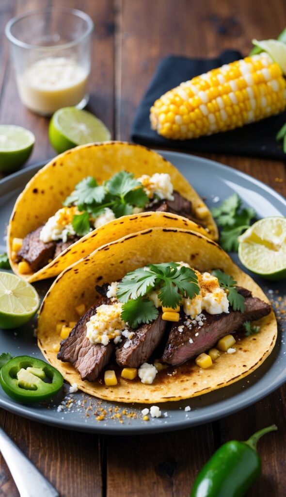 A rustic wooden table with a spread of grilled steak elote tacos. In the foreground, two assembled tacos on small corn tortillas, filled with juicy, perfectly seared slices of medium-rare steak, topped with a vibrant elote mixture. The elote topping should showcase charred corn kernels, sprinkled with crumbled cotija cheese, fresh cilantro, and a dusting of red chili powder. Beside the tacos, a small bowl of additional elote mixture, a halved lime, and a scattering of fresh jalapeño slices. In the background, a cutting board with the remaining sliced steak, and a plate holding more warm tortillas. The scene should be lit with warm, natural light, emphasizing the appetizing colors and textures of the dish.