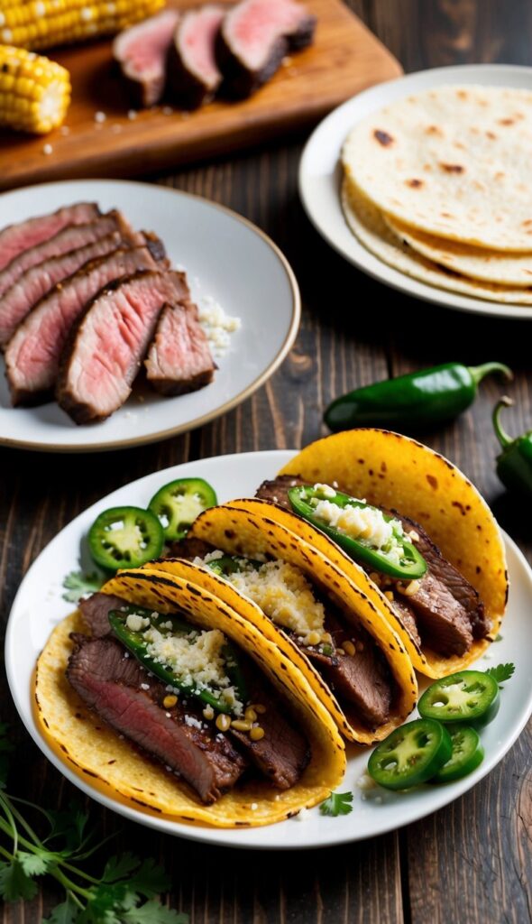 A rustic wooden table with a spread of grilled steak elote tacos. In the foreground, two assembled tacos on small corn tortillas, filled with juicy, perfectly seared slices of medium-rare steak, topped with a vibrant elote mixture. The elote topping should showcase charred corn kernels, sprinkled with crumbled cotija cheese, fresh cilantro, and a dusting of red chili powder. Beside the tacos, a small bowl of additional elote mixture, a halved lime, and a scattering of fresh jalapeño slices. In the background, a cutting board with the remaining sliced steak, and a plate holding more warm tortillas. The scene should be lit with warm, natural light, emphasizing the appetizing colors and textures of the dish.