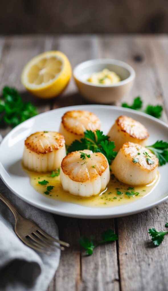 A close-up shot of perfectly seared garlic butter scallops on a white ceramic plate. The scallops are golden brown on the outside, with a tender, pearly white interior visible where one has been cut. Flecks of minced garlic and fresh parsley are scattered over the scallops, which glisten with a buttery sheen. A wedge of lemon rests beside the scallops, and a small ramekin of melted garlic butter is visible at the edge of the plate. The background is slightly blurred, suggesting a rustic wooden table, creating a warm and inviting atmosphere for this elegant seafood dish.