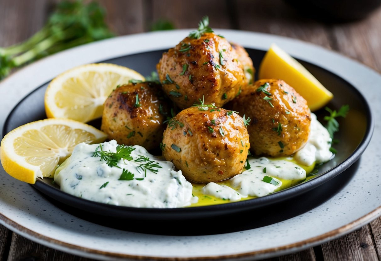 A platter of greek chicken meatballs with a side of homemade tzatziki, garnished with fresh herbs and lemon wedges