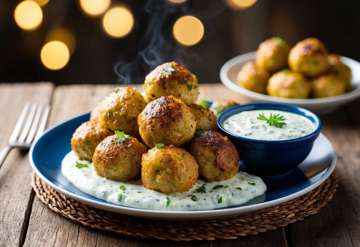 A platter of Greek chicken meatballs with a side of homemade tzatziki sauce