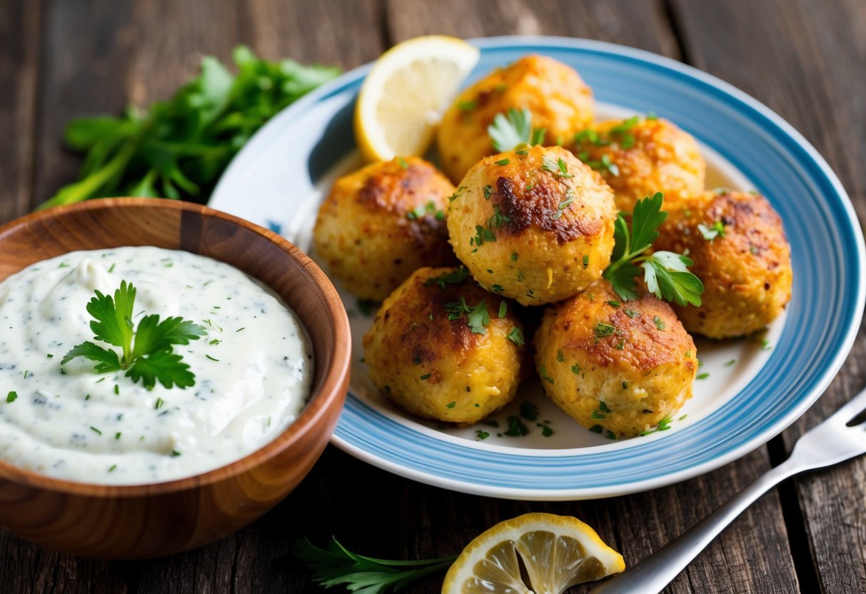 A wooden bowl filled with creamy tzatziki sauce next to a plate of golden-brown Greek chicken meatballs, garnished with fresh herbs and lemon wedges