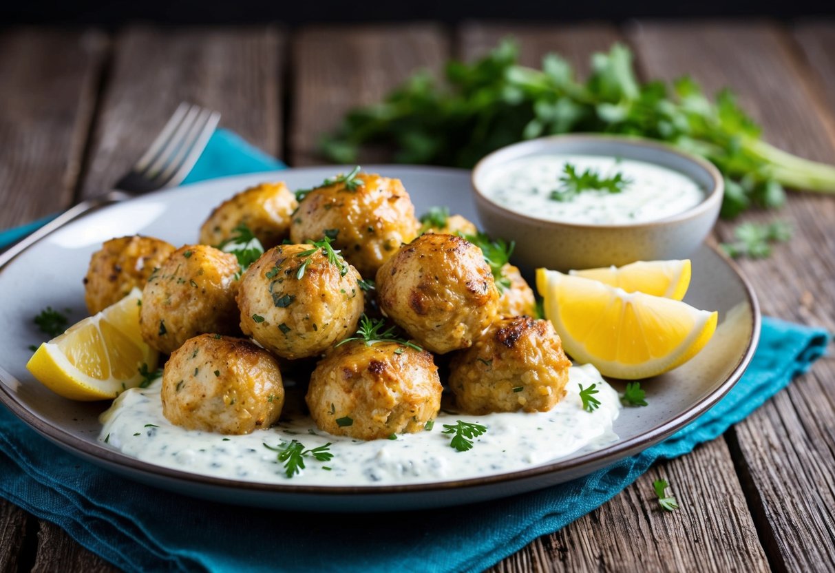 A platter of Greek chicken meatballs with a side of homemade tzatziki sauce, garnished with fresh herbs and lemon wedges, on a rustic wooden table