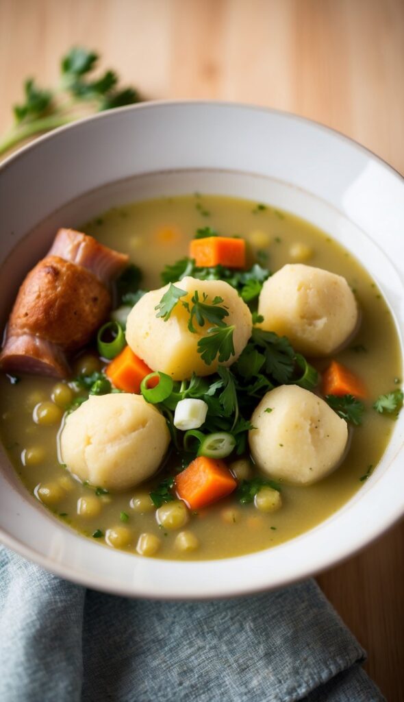 A steaming bowl of thick broth of split pea soup, filled with tender chunks of potato and flecks of carrot. Floating on top are three to four fluffy, golden-brown flour dumplings, their edges just touching the soup's surface. Scattered across the top are slices of bright green onions and a sprinkle of fresh parsley. A ham hock peeks out from one side of the bowl, hinting at the soup's savory depth. The bowl sits on a rustic wooden table, with a chunk of crusty bread and a vintage soup spoon beside it. Soft, warm lighting highlights the comforting steam rising from the bowl, creating an inviting and cozy atmosphere.