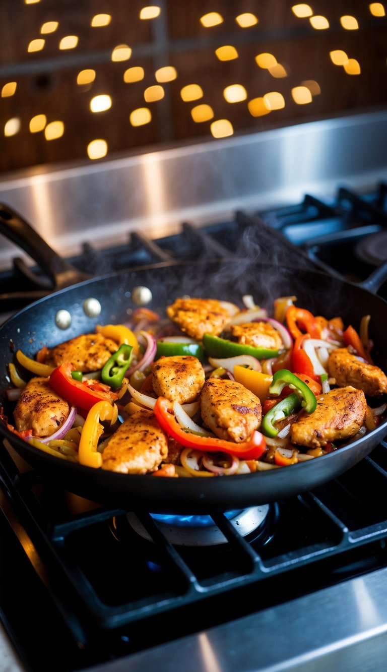 A sizzling skillet with colorful chicken fajitas, onions, and bell peppers cooking over a hot stove