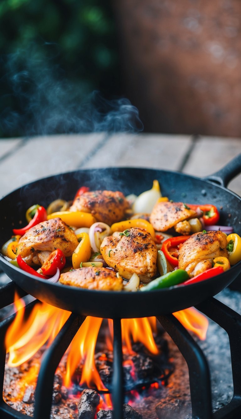 Sizzling skillet with colorful peppers, onions, and seasoned chicken cooking over an open flame