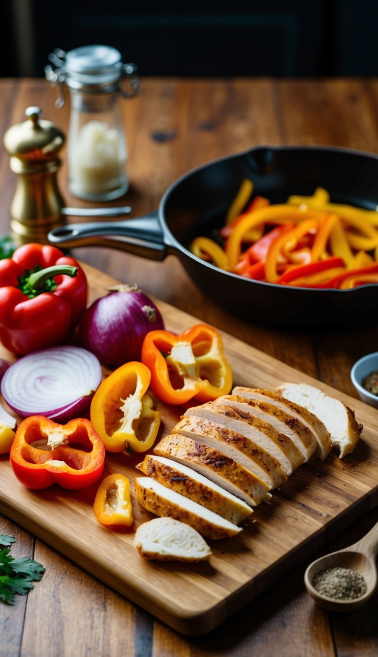 A wooden cutting board with sliced bell peppers, onions, and chicken next to a skillet and various spices