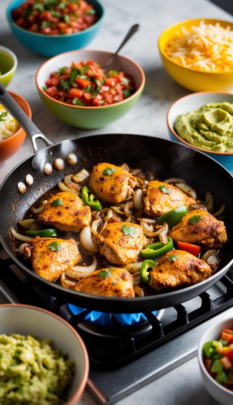 A sizzling skillet of chicken, onions, and peppers cooking on a stovetop, surrounded by colorful bowls of toppings like salsa, guacamole, and shredded cheese